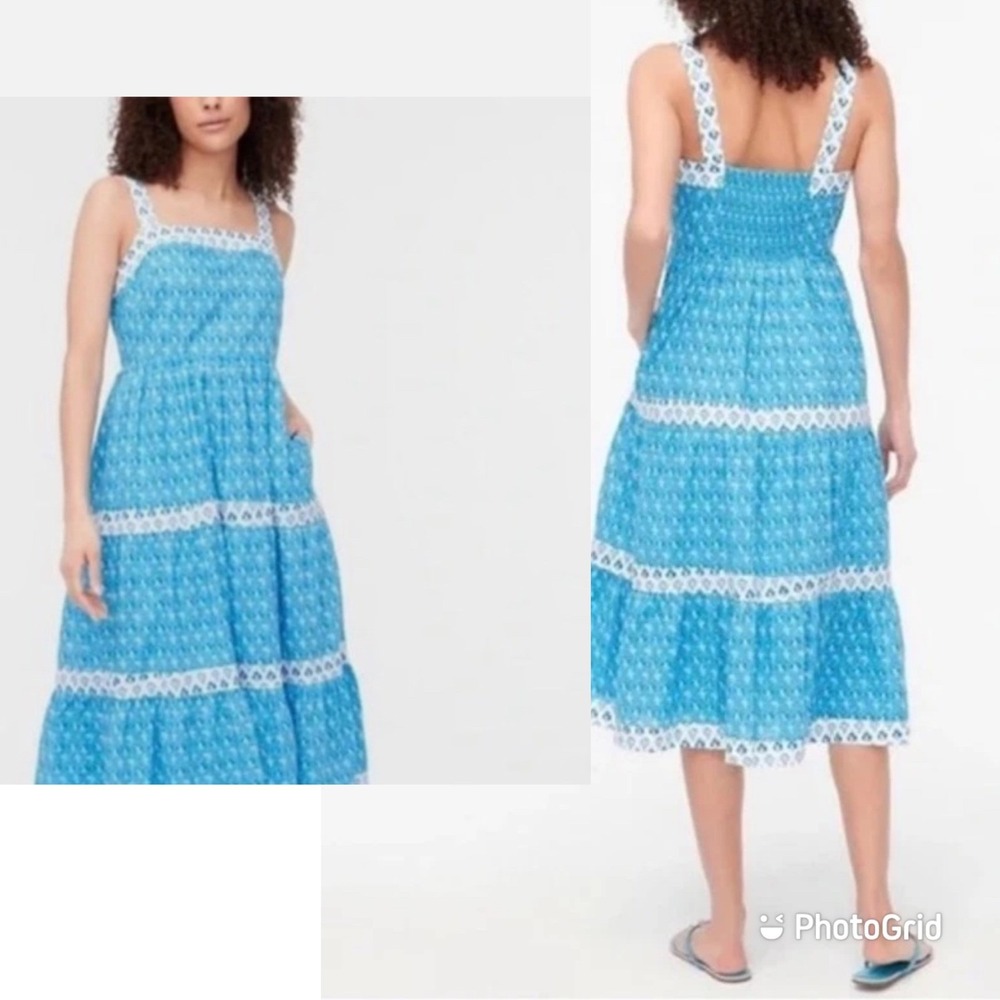 NWT J Crew Blue White Print Smocked Tiered Midi Dress Size 20 - Picture 1 of 12